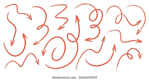 Red marker arrows pack - hand sketched doodle swirls, curved lines, pointers. Chaotic pencil scribbles, artistic design elements set. Chalk grunge style crayon strokes drawings vector illustration.