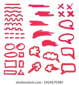 red marker circles, abstract doodle pattern, straight and wavy brush lines, underlines, crosses and dotted lines. Speech bubbles