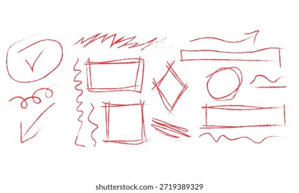 Rote, handgezeichnete Markerdoodles, Rahmen, Unterstriche und Kritzellinien