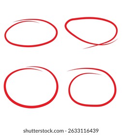 Red marker elements, highlighter elements, circle brush marks. Hand drawn shapes oval, circles . Scribble red circle. Vector doodle set. red hand drawn circle for highlighting text. Eps 10