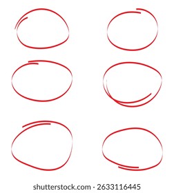 Red marker elements, highlighter elements, circle brush marks. Hand drawn shapes oval, circles . Scribble red circle. Vector doodle set. red hand drawn circle for highlighting text. Eps 10