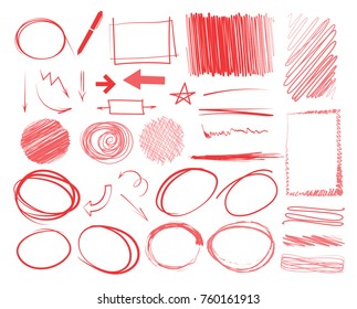 red marker elements, highlighter elements, circle marks, arrows, underlines, brush lines