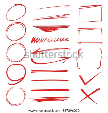 red marker elements, highlighter elements, circle marks, arrows, underlines, brush lines