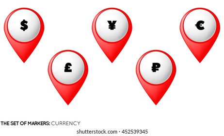 Red marker to highlight. Markers with signs of popular currencies.