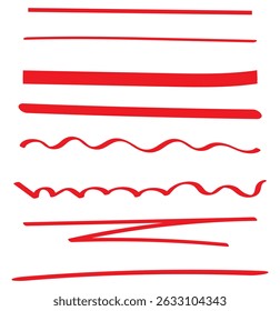 Red Marker line. Hand-drawn marker highlighters, underline, lines, marker and sketch. Highlighters, hand drawn underline. Scribble underline markers set. Scratch lines. Scribble Highlights Markers. 