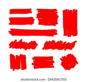 Red marker lines stripes, Highlighter hand drawing doodle, Red marker scribble for text box, background, frames, highlighting text, decorative elements on transparent background