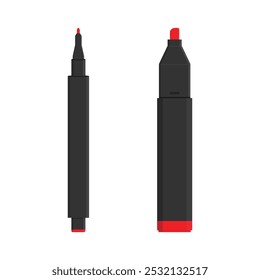 Bolígrafos marcadores rojos para resaltar información importante con tinta roja aislada sobre fondo blanco. Ilustración vectorial