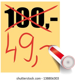 Red marker rewrites price on yellow paper