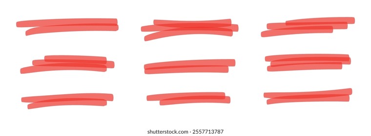 Red marker strokes set with brush texture for highlighting text. Doodle underline or box elements. Flat vector illustration isolated on white background.