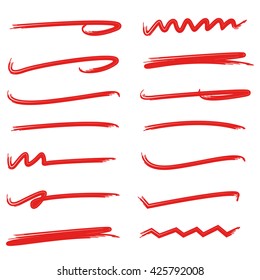 red marker strokes. set of hand drawn highlighting elements for text selection