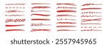 Red marker underline brush stroke set. Marker red pen highlights squiggle stroke. Vector swoosh brush handwritten underline set for accent, pencil emphasis element. Vector illustration