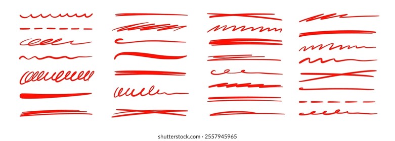 Red marker underline brush stroke set. Marker red pen highlights squiggle stroke. Vector swoosh brush handwritten underline set for accent, pencil emphasis element. Vector illustration