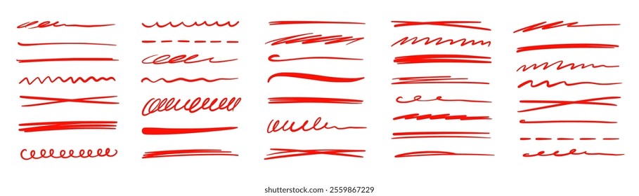 Red marker underline brush stroke set. Marker red pen highlights squiggle stroke. Vector swoosh brush handwritten underline set for accent, pencil emphasis element. Vector illustration