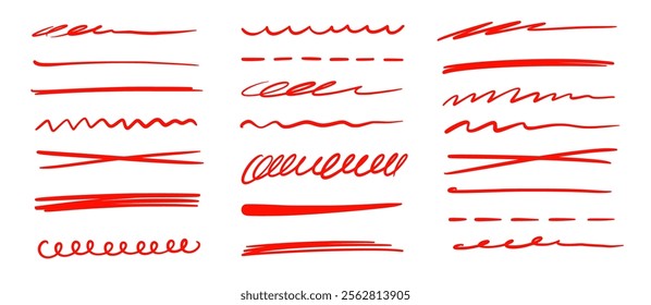 Red marker underline brush stroke set. Marker red pen highlights squiggle stroke. Vector swoosh brush handwritten underline set for accent, pencil emphasis element. Vector illustration