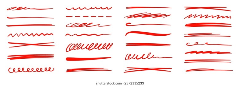 Red marker underline brush stroke set. Marker red pen highlights squiggle stroke. Vector swoosh brush handwritten underline set for accent, pencil emphasis element. Vector illustration