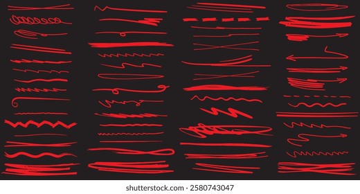 Red marker underline brush stroke set. Marker red pen highlights squiggle stroke. 