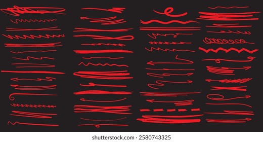 Red marker underline brush stroke set. Marker red pen highlights squiggle stroke. 