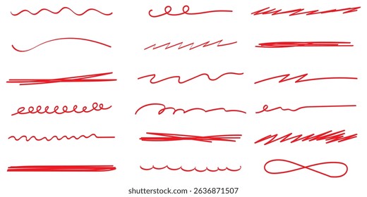 Red marker underline brush stroke set. Marker red pen highlights squiggle stroke.  design element doodle scribble underline .