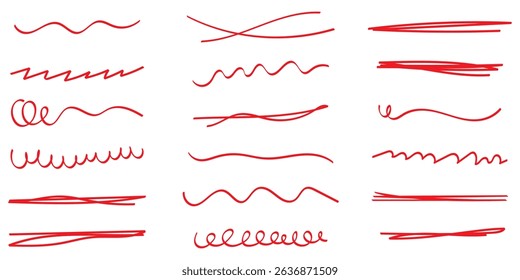 Red marker underline brush stroke set. Marker red pen highlights squiggle stroke.  design element doodle scribble underline .