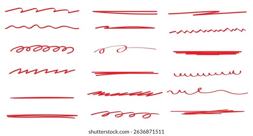 Red marker underline brush stroke set. Marker red pen highlights squiggle stroke.  design element doodle scribble underline .