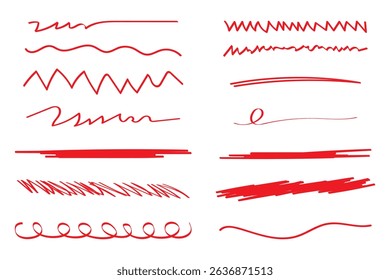 Red marker underline brush stroke set. Marker red pen highlights squiggle stroke.  design element doodle scribble underline .