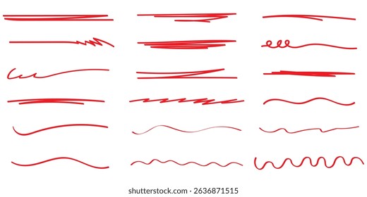 Red marker underline brush stroke set. Marker red pen highlights squiggle stroke.  design element doodle scribble underline .