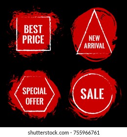 Red marketing banners for black friday sale vector collection. Advertising isolated banners with geometric shape borders. Sale label, special offer tag, new arrival advert sign, best price sticker des