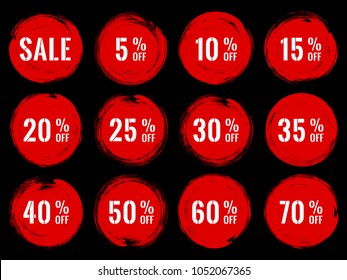 Red marketing banners for sale vector collection. Advertising banners with circle shape borders, frames, brush stroke background. Sale label, 50 percent off special offer tags, advert signs design. 