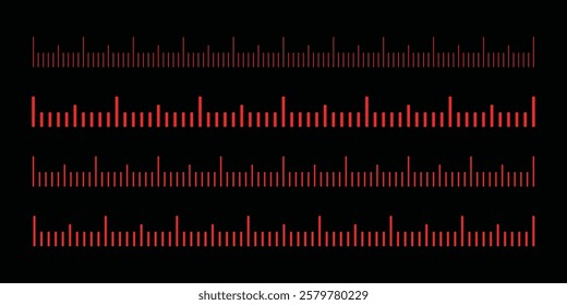 Red Markup for rulers in different scales isolated on black background. Measuring scale set. Ruler for comparing sizes of objects.