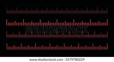 Red Markup for rulers in different scales isolated on black background. Measuring scale set. Ruler for comparing sizes of objects.