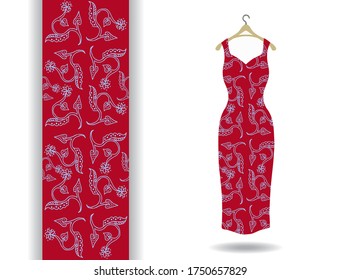 Red maroon detail batik fabric with hand draw pattern, fashion illustration.