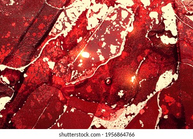 Red, maroon and gold abstract background. Alcohol ink marble texture with glitter. Template pattern for banner, poster design. Fluid art painting