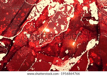 Red, maroon and gold abstract background. Alcohol ink marble texture with glitter. Template pattern for banner, poster design. Fluid art painting
