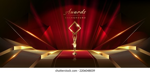 Red Maroon Golden Curtain Stage Award Background. Trophy on Red Carpet Luxury Background. Modern Abstract Design Template. LED Visual Motion Graphics. Wedding Marriage Invitation Poster.