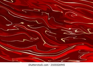 Red or maroon liquid marble pattern with gold veining lines, liquid artistic luxury background, suitable for poster, label, textile design. Vector illustration - Vector στοκ