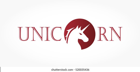 red maroon unicorn logo vector with a white head of the unicorn on a circle as an O letter. start up company logo
