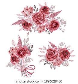 red maroon watercolor floral arrangement and bouquet collection