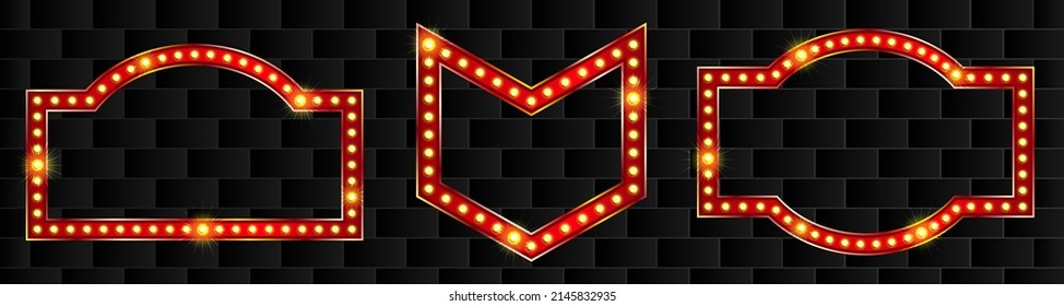 Red marquee signboard and badge frames with neon glow. Bright circus graphic sign for entertainment or promotion material.