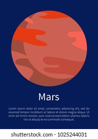 Red Mars planet situated in big Solar system on informative poster with sample text isolated cartoon flat vector illustration on blue background.