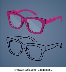 Red marsala unisex glasses + black outline. Spectacles frames in realistic and coloring book lines. Simple vector illustration. 