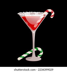 Red martini with sugar cane. Christmas martini with a sugar cane rim.A festive cocktail.