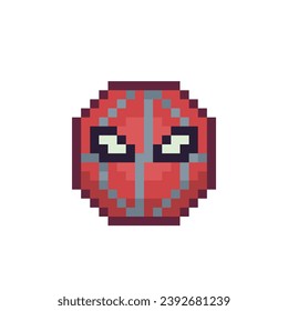 Red mask face, pixel art icon, head cartoon character, spider smiley. 8-bit. Emotion. Flat style. Isolated abstract vector illustration.