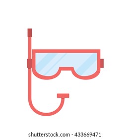 Red mask for swimming and diving. Mask with a tube for breathing under water. Vector illustration.