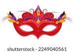 Red masquerade mask with yellow and purple feathers. Mardi Gras costume element.  For Carnival Birthday party.