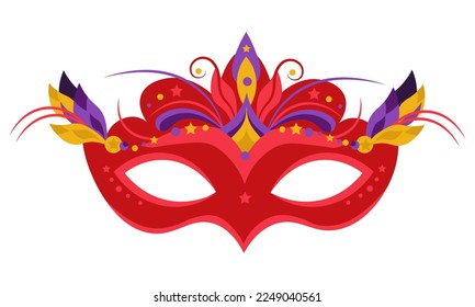 Red masquerade mask with yellow and purple feathers. Mardi Gras costume element.  For Carnival Birthday party.