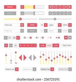 Red material design UI elements vector. Buttons, selectors, ckeckboxes, toggles, searchfields, equalizer, sound settings etc.