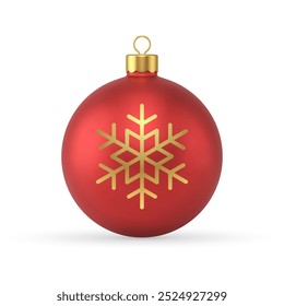 Red matte Christmas ball toy with golden snowflake for decor 3d icon realistic vector illustration. Luxury Xmas New Year bauble elegant decorative design with glossy snow for winter holiday