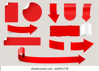 Red matted stickers. Arrows and labels with white corner. Vector 3d illustration