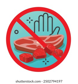 Signo de alergia a la carne roja ilustrado con linda caricatura, mano y advertencia Iniciar sesión línea roja