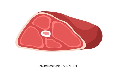 Red meat with bone. Fresh raw pork piece, cut chopped cross-section. Uncooked eating, meaty product. Flat vector illustration isolated on white background